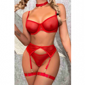  Tül Sütyen Külot Takım Jartiyerli Boğaz Ve Bacak Aksesuarlı Kırmızı - MS2675-Kırmızı